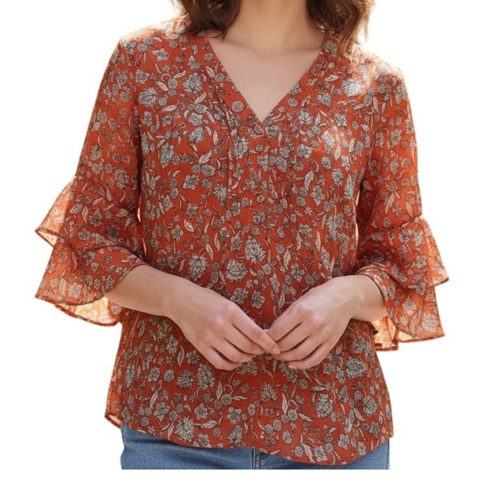 Vince Camuto Size Med‎ Orange Floral Tiered Flutter Sleeve V Neck Blouse Women's
